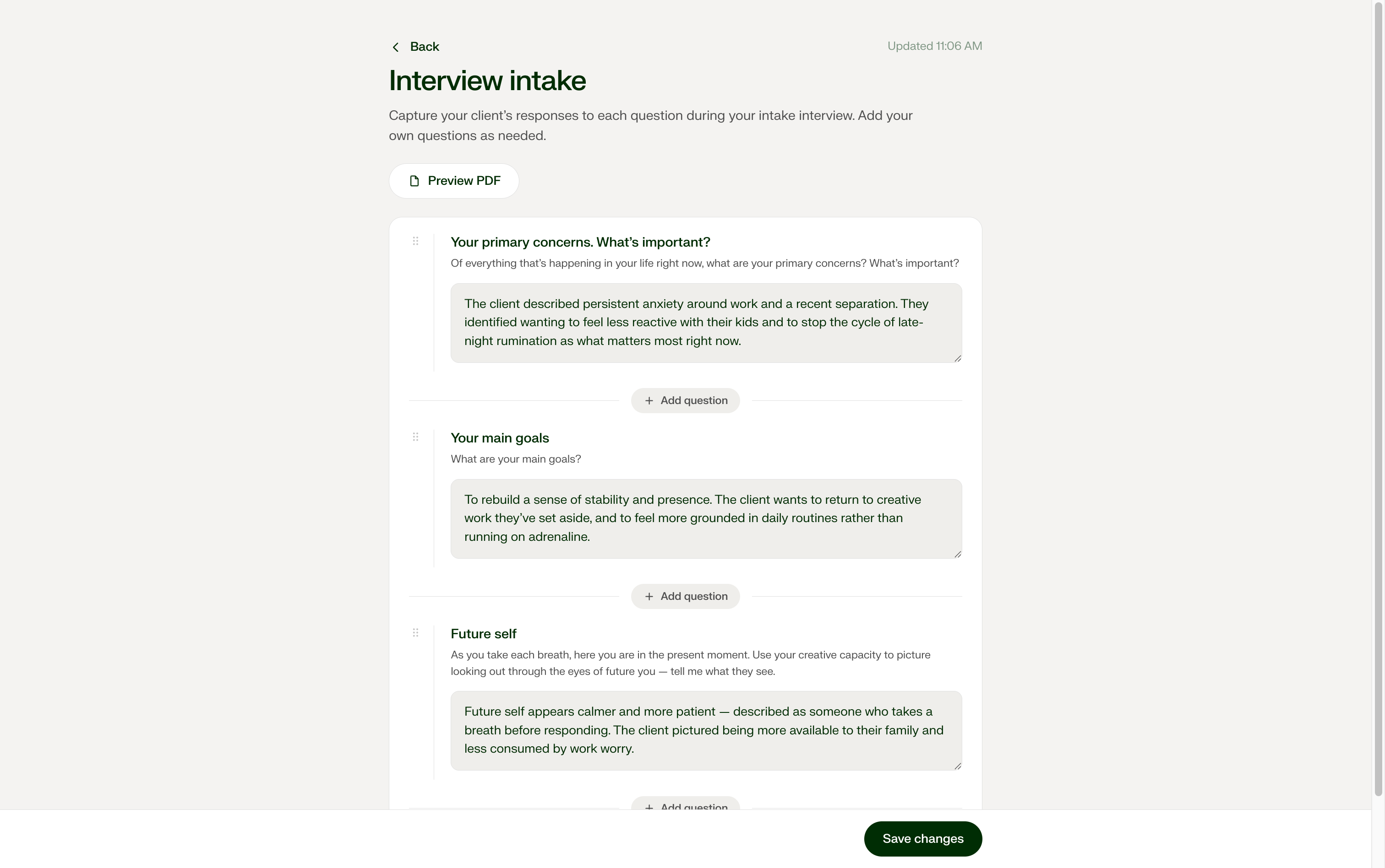 Structured clinical interview — captured responses drafted into the report