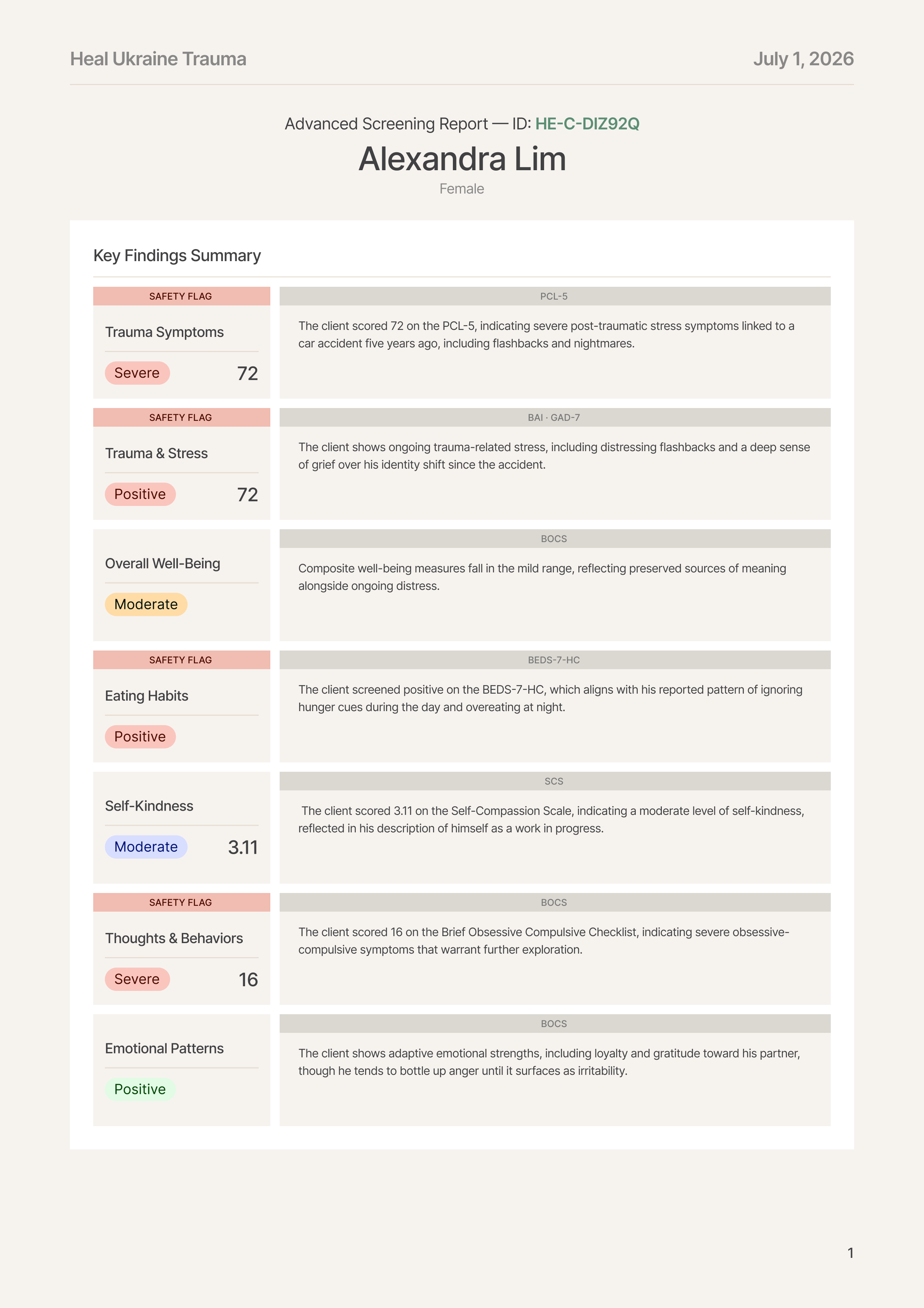 Clinical screening report — key findings summary with instrument scores and safety flags